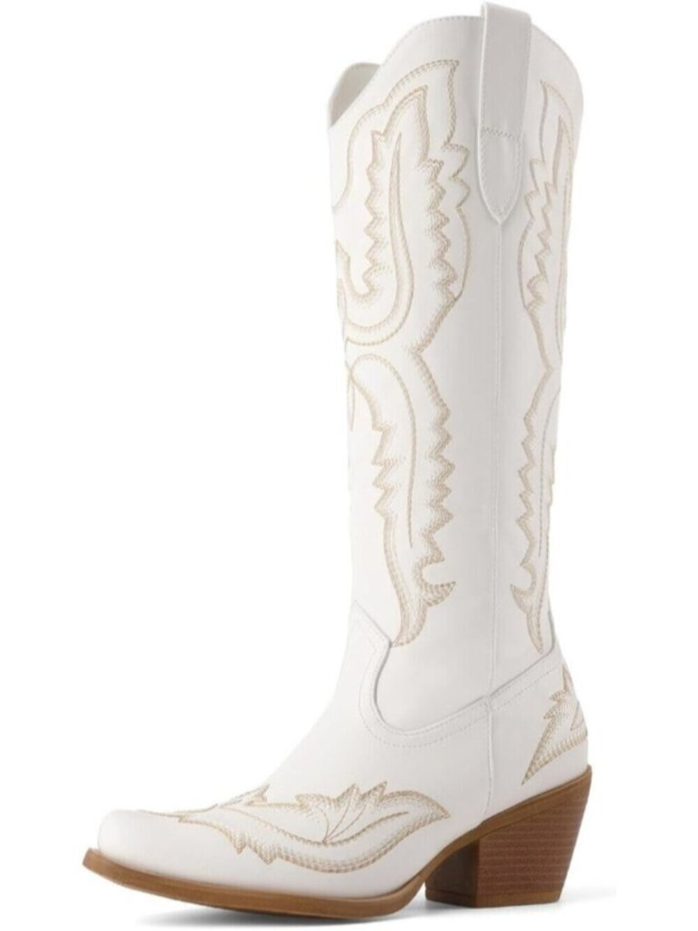 Womens White Western Retro Embroidered Knee High Narrow Comfortable Cowgirl Boot